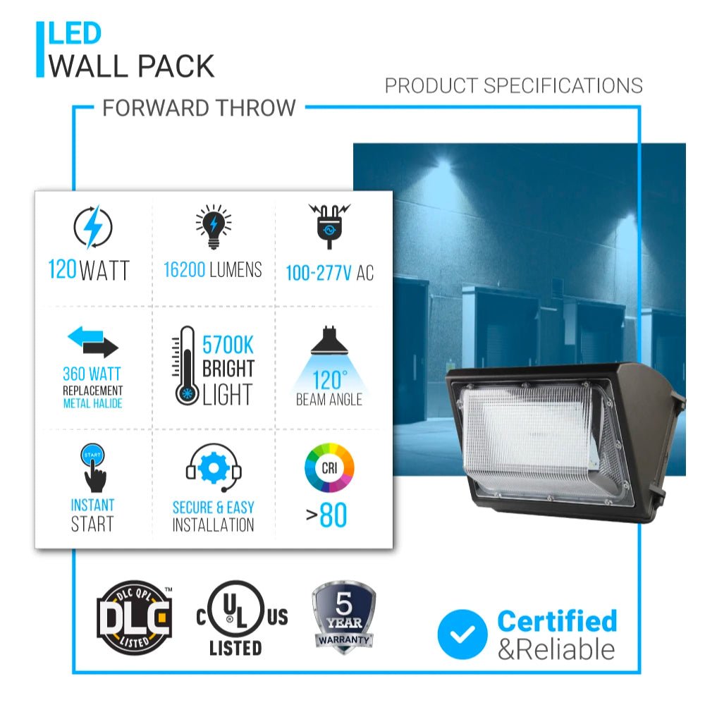 120W LED Wall Pack Light, 5700K Daylight White, Bronze Finish, 420W Equivalent, 15,194 Lumens, Forward Throw - Outdoor Security Lighting for Building Facades, Parking Lots & Warehouse Exteriors