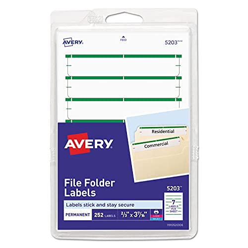 Avery Print or Write File Folder Labels, 3-7/16 x 11/16 Inches, White/Green Bar, 252 Labels per Pack - Compatible with Inkjet & Laser Printers - Perfect for Office Organization, File Sorting & Document Management