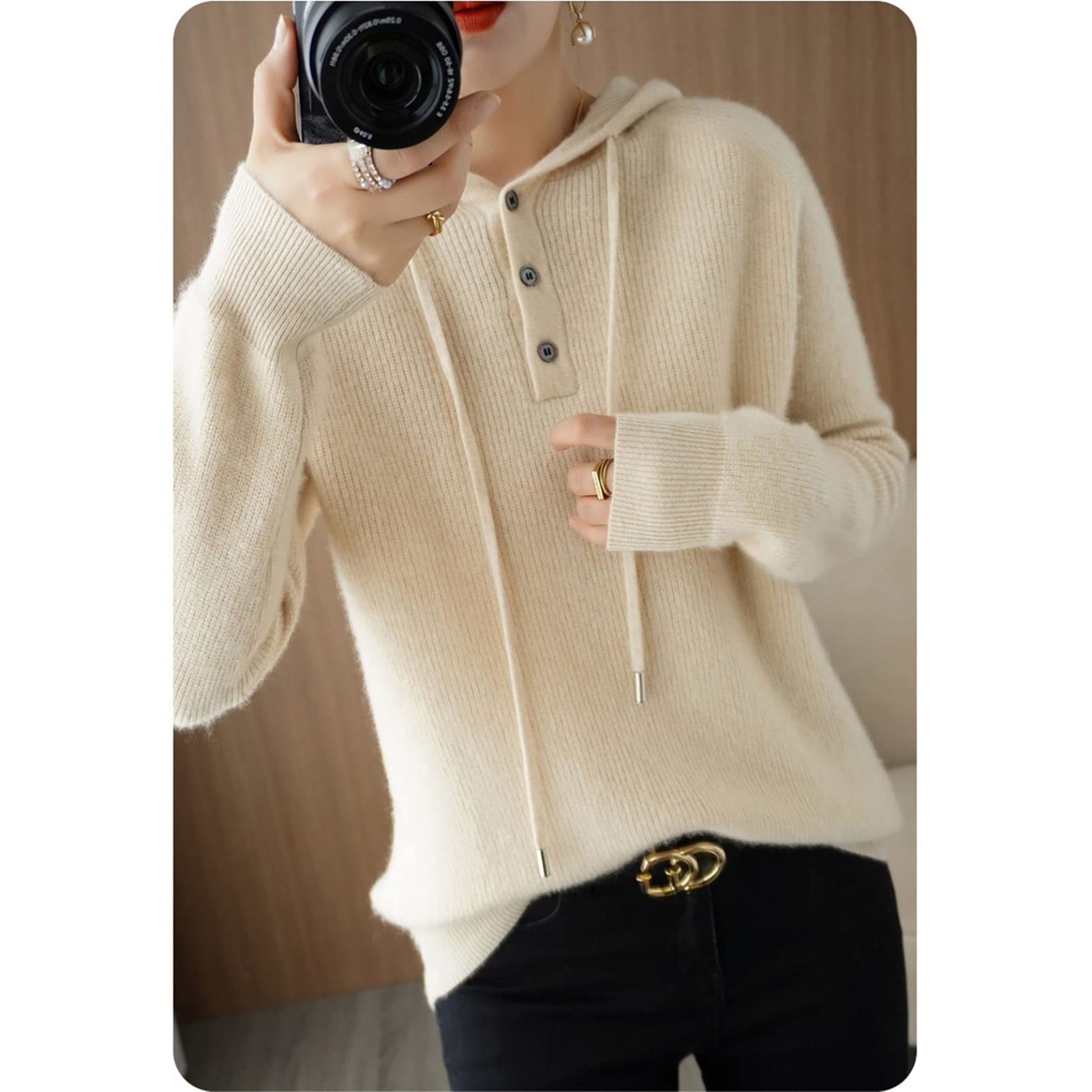 Women's Wool Hoodie - Soft Casual Long Sleeve Pullover Sweatshirt, Loose Fit Solid Color Top (Beige, Small) | Perfect for Fall Layering, Outdoor Activities & Cozy Home Wear