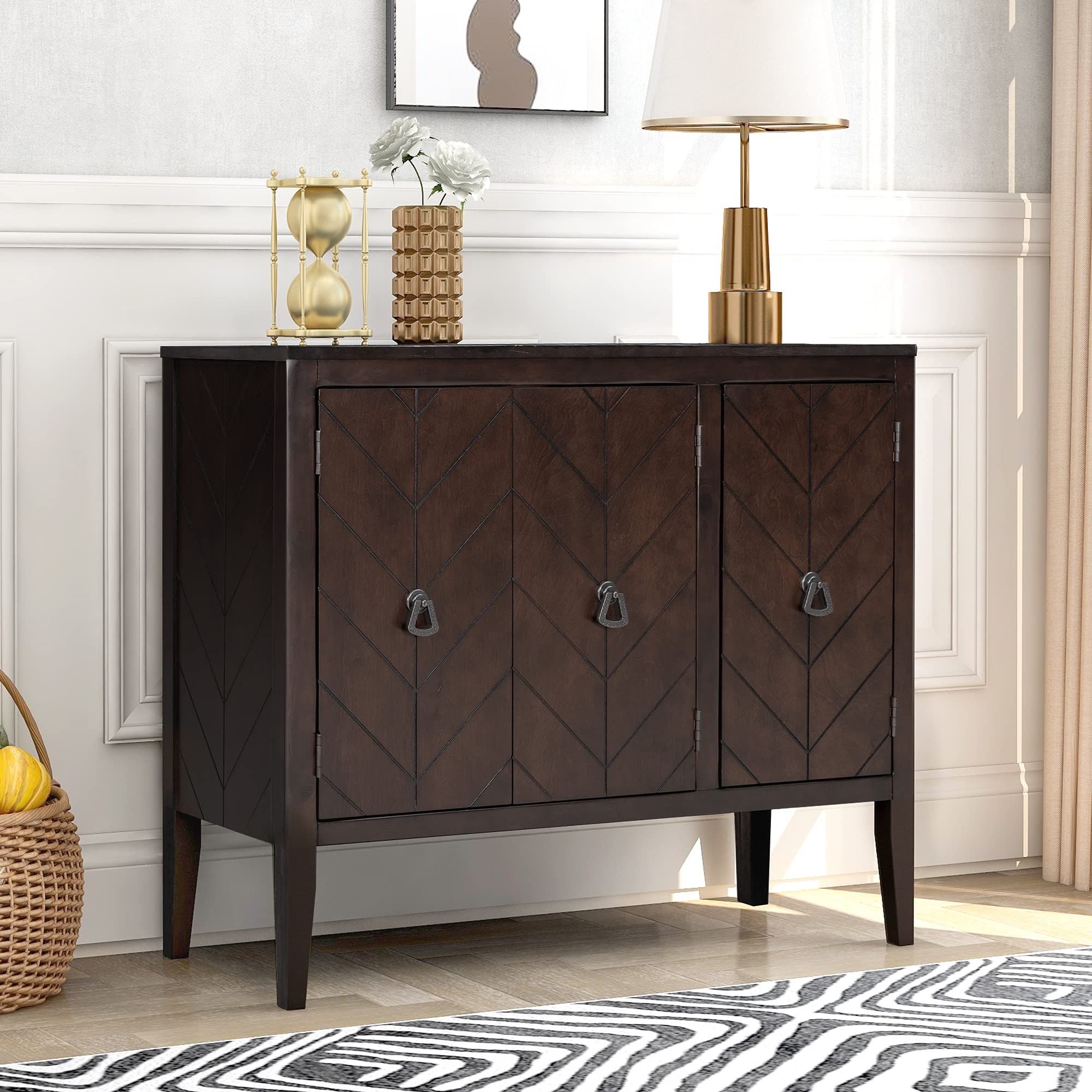 Antique Brown Wooden Storage Sideboard Cabinet with Adjustable Shelf & 3 Doors - Entryway Buffet Console Table for Hallway, Living Room, Bedroom - Perfect for Home Decor, Dining Room Storage & Entryway Organization