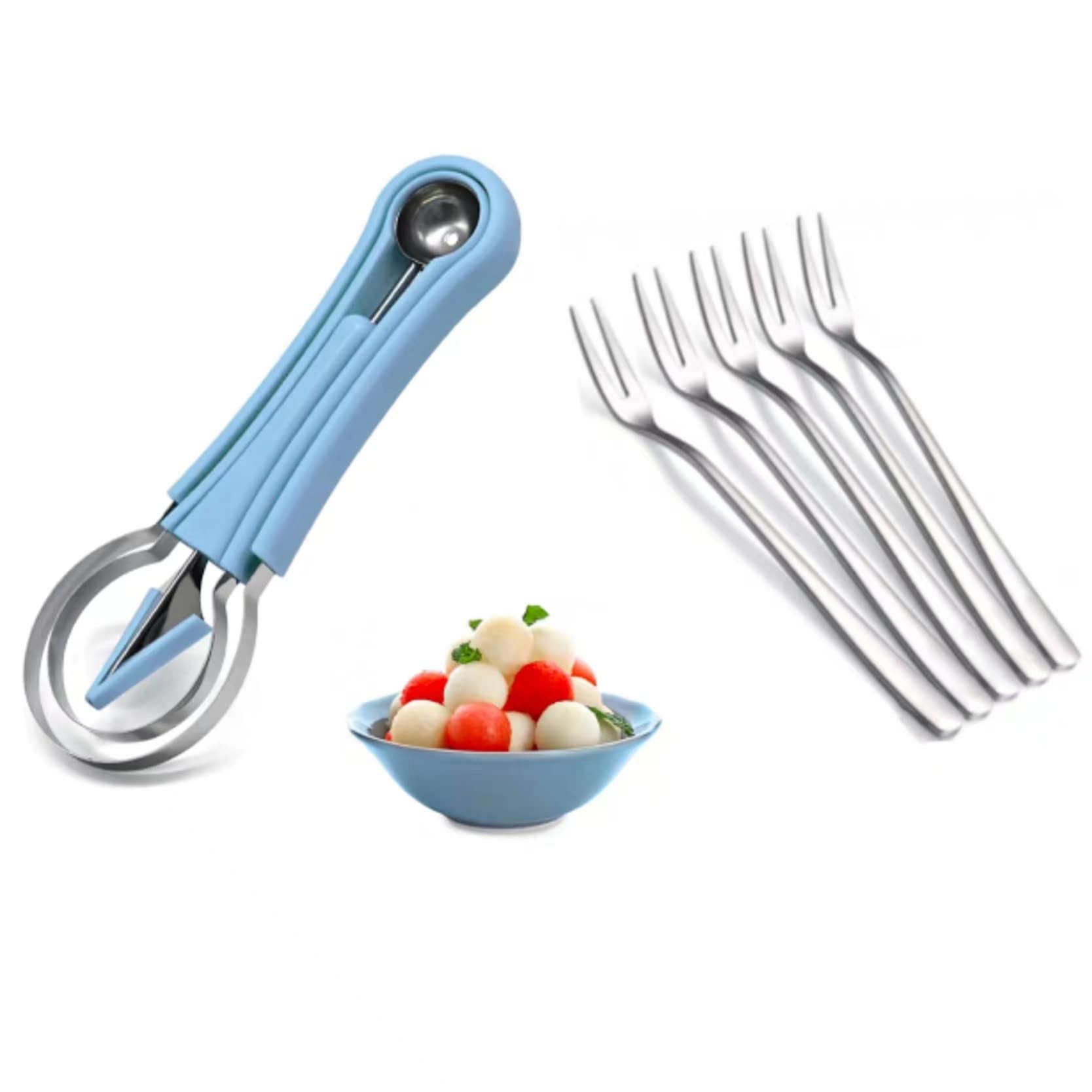 Premium 3-Piece Stainless Steel Melon Baller & Fruit Corer Set - Watermelon Slicer, Fruit Carving Knife & 5-Prong Fork - Perfect for Kitchen, Fruit Platters, Cocktail Garnishes & Party Food Prep