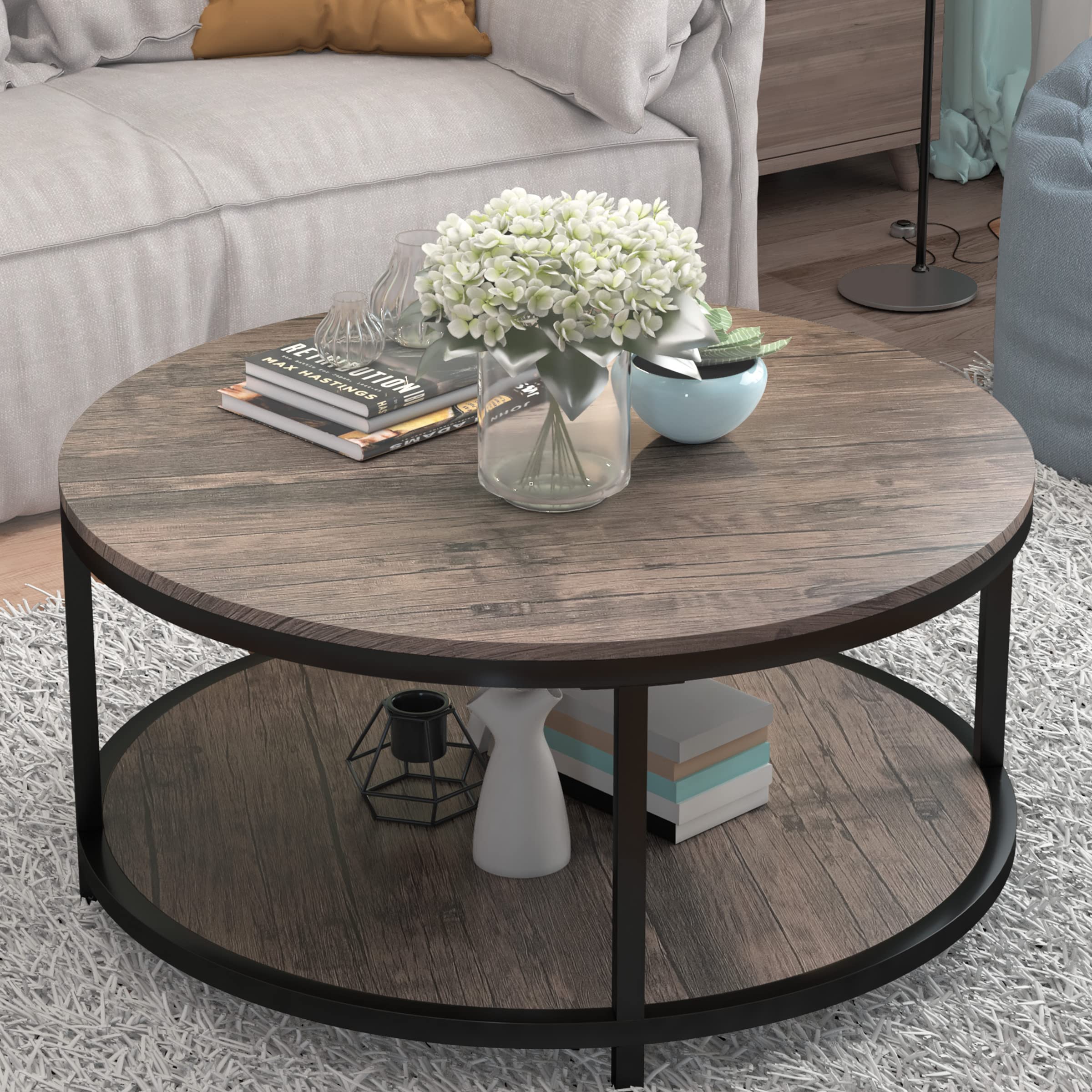 Round Coffee Table 36 Inch, 2-Tier Rustic Wood Coffee Table with Storage Shelf - Modern Living Room Furniture in Dark Walnut - Perfect for Small Spaces, Apartments & Cozy Home Decor