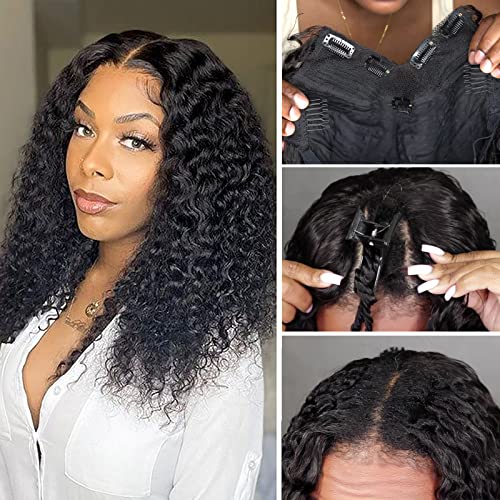 V Part Wig Human Hair Deep Wave 16 Inch - 180% Density No Leave Out Curly Wigs for Black Women | Upgrade U Part Wig for Natural Look | Perfect for Daily Wear, Parties & Special Occasions