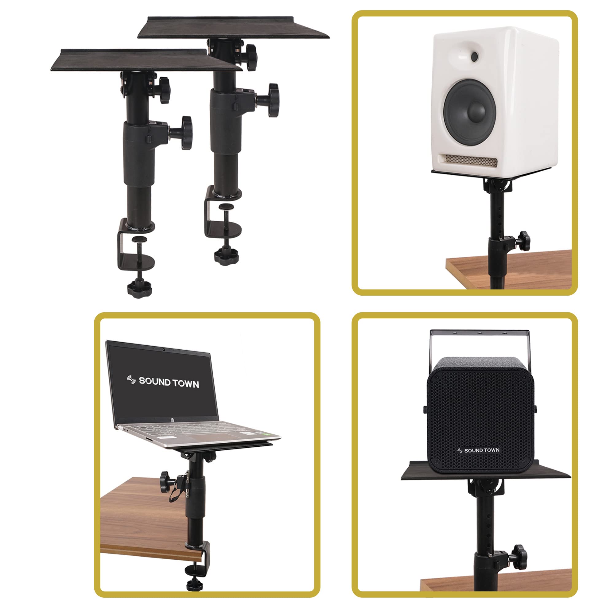 Sound Town 2-Pack Adjustable Studio Monitor Speaker Stands - Clamp-On Desktop Mount for Horizontal/Vertical Positioning (STSD-DCM-PAIR) - Perfect for Home Recording, Podcasting & Music Production Studios