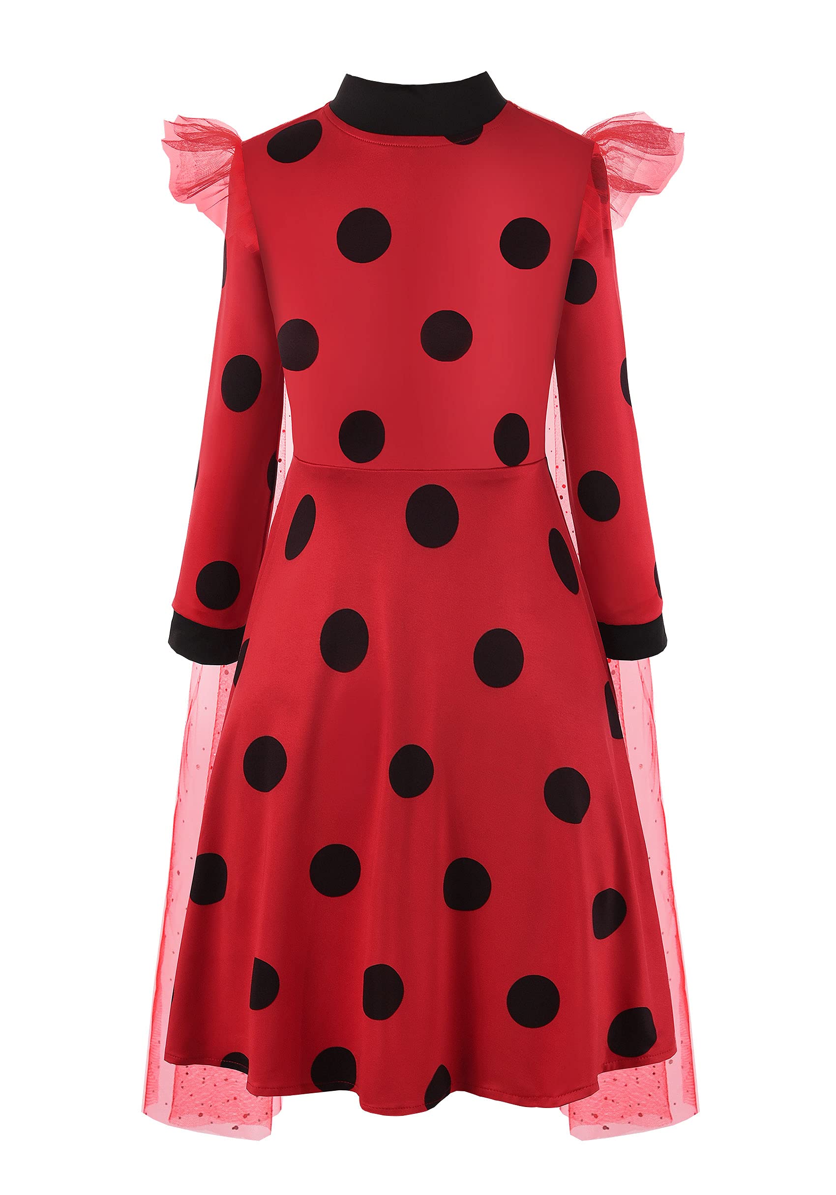 ReliParty Ladybug Costume Set for Girls - Long Sleeve Dress with Matching Mask & Bag - Halloween Dress Up, Birthday Party, Cosplay Outfit