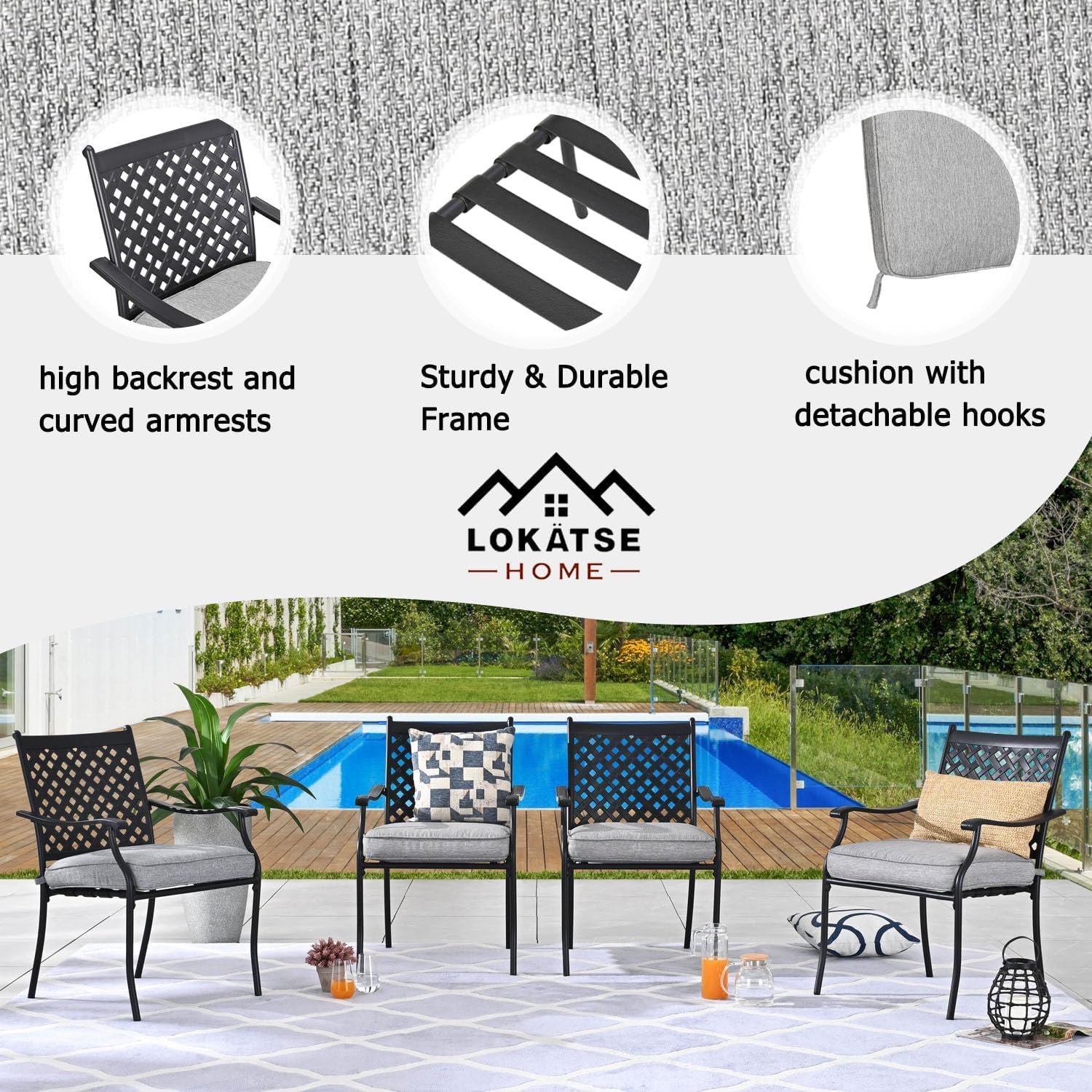 LOKATSE HOME 4-Piece Outdoor Patio Dining Chair Set - Wrought Iron Metal Chairs with Arms & Cushions (Grey) - Perfect for Garden, Backyard, Poolside & Restaurant Outdoor Seating