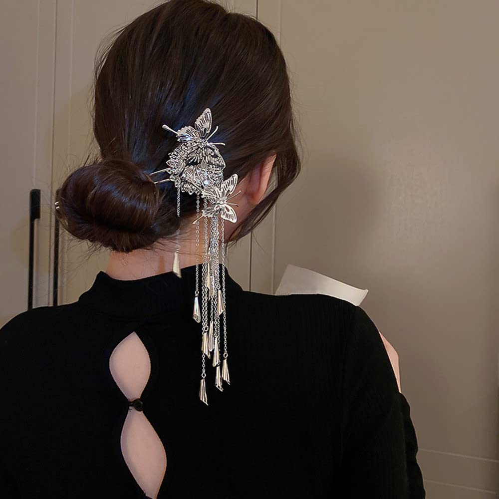 Butterfly Hair Stick with Silver Tassel - Chinese Hairpin for Women & Girls - Wedding & Party Accessory