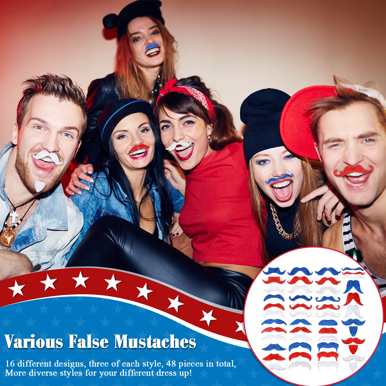 48 Pieces Self-Adhesive Fake Mustaches - Novelty Costume Mustaches for Halloween, Masquerade Parties & Fiesta Events - Perfect for Cosplay, Dress-Up & Themed Celebrations