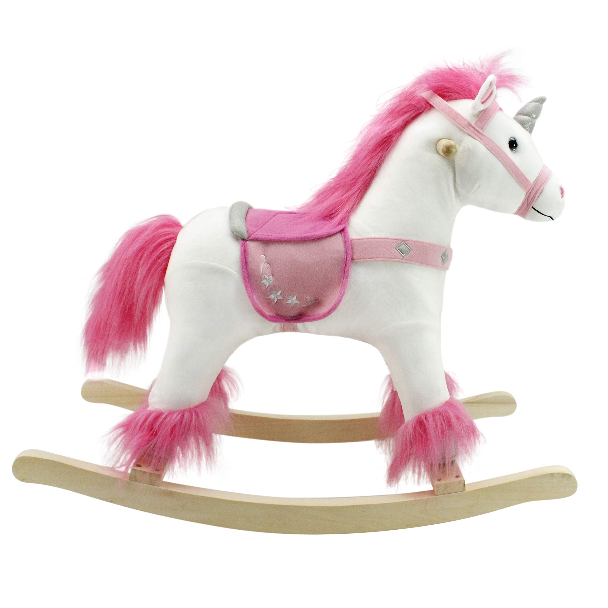 White and Pink Unicorn Wooden Ride-On Rocker Toy for Kids Ages 3+ | Real Wood Plush Rocking Horse | Perfect for Nursery, Playroom & Gift for Toddlers