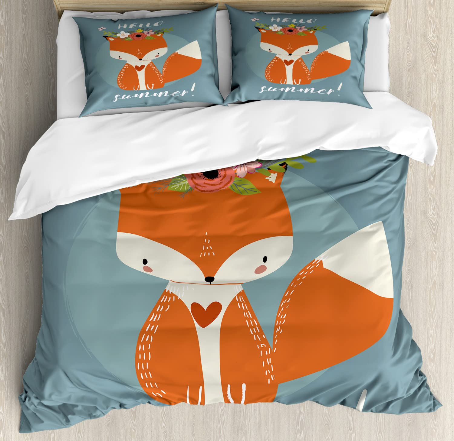 Ambesonne Summer Fox & Flowers Duvet Cover Set - 2 Pack King Size Blue Grey Bedding with 2 Duvet Covers & 4 Pillowcases - Perfect for Seasonal Bedroom Decor and Guest Room Refresh