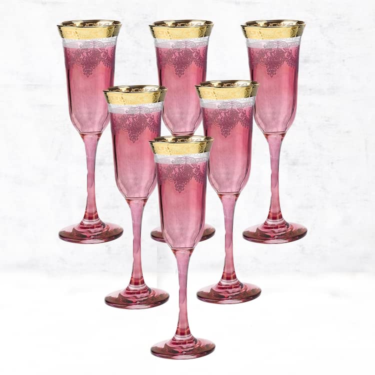 Elegant Modern Glass Drinkware Set - 9 oz Red Flutes with Gold Band (Set of 6) for Parties, Weddings, and Special Events - Perfect for Champagne, Cocktails, and Celebrations