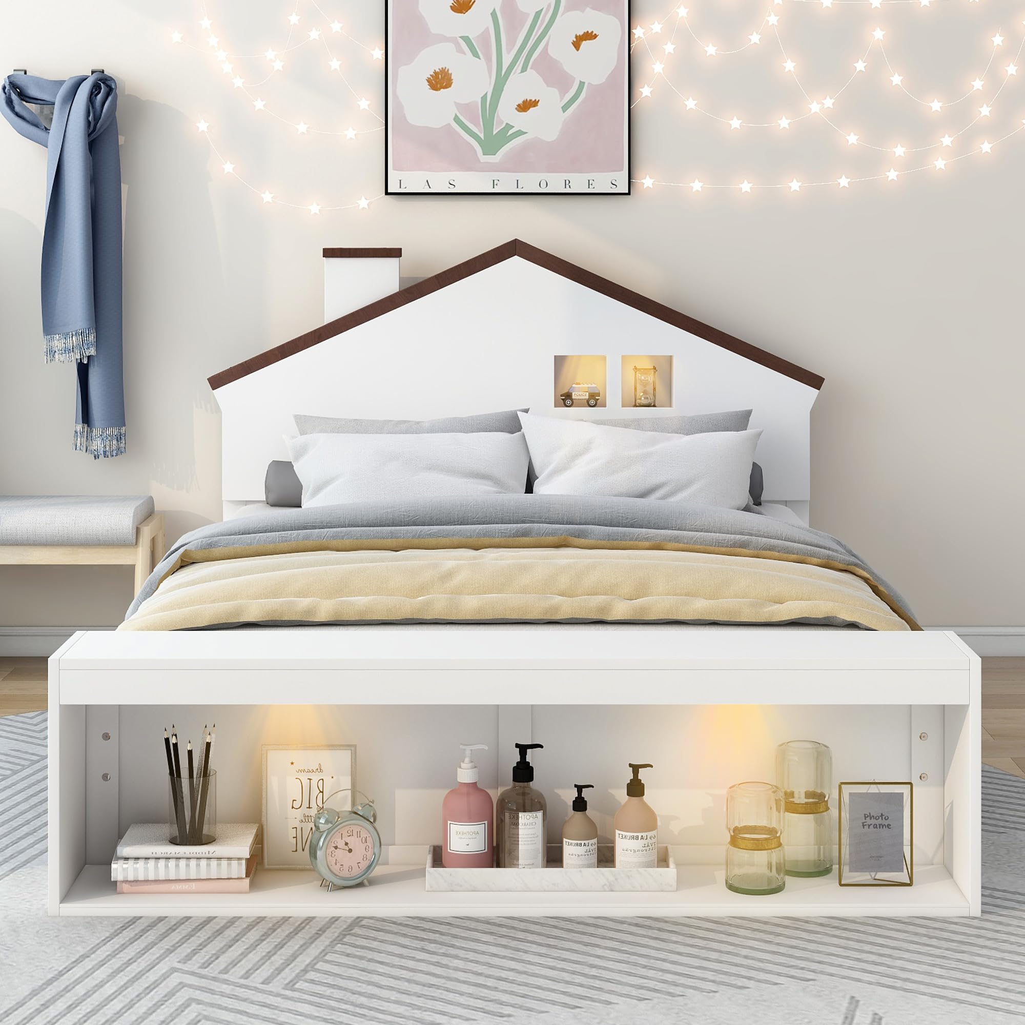 Bellemave Full Size House Bed Frame with LED Lights and Storage - Wooden Platform Bed for Kids, Teens, Boys & Girls - No Box Spring Needed - White - Perfect for Bedrooms, Playrooms & Sleepovers
