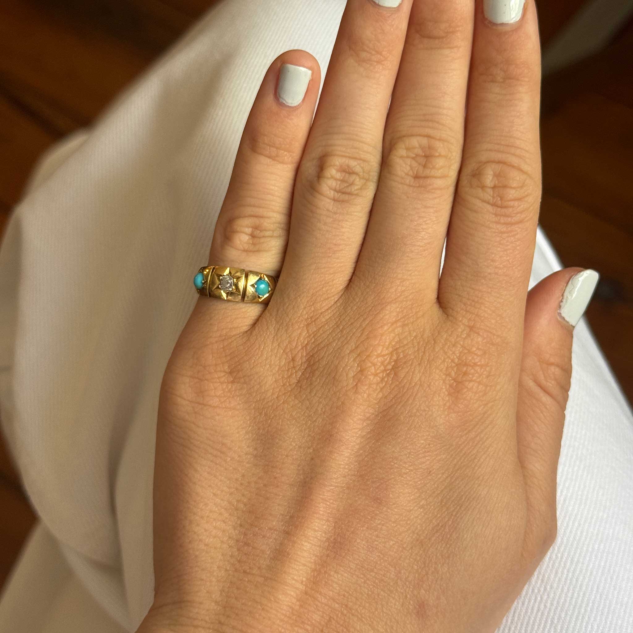 Victorian Style 18K Gold Ring with Diamond & Turquoise Three Stone - Elegant Jewelry for Weddings, Anniversaries & Special Occasions