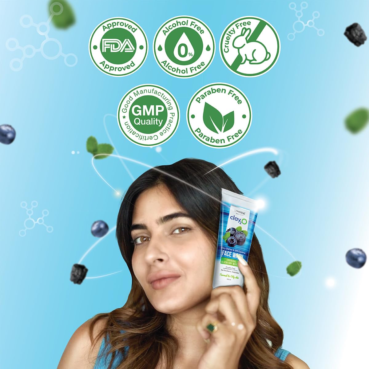 LONGENE Blueberry Charcoal Face Wash for Oily Skin - Brightening & Oil Control with 4% Niacinamide & 6 Active Ingredients | Vegan, Cruelty-Free 100ml | Perfect for Daily Deep Cleansing & Acne-Prone Skin Care Routine