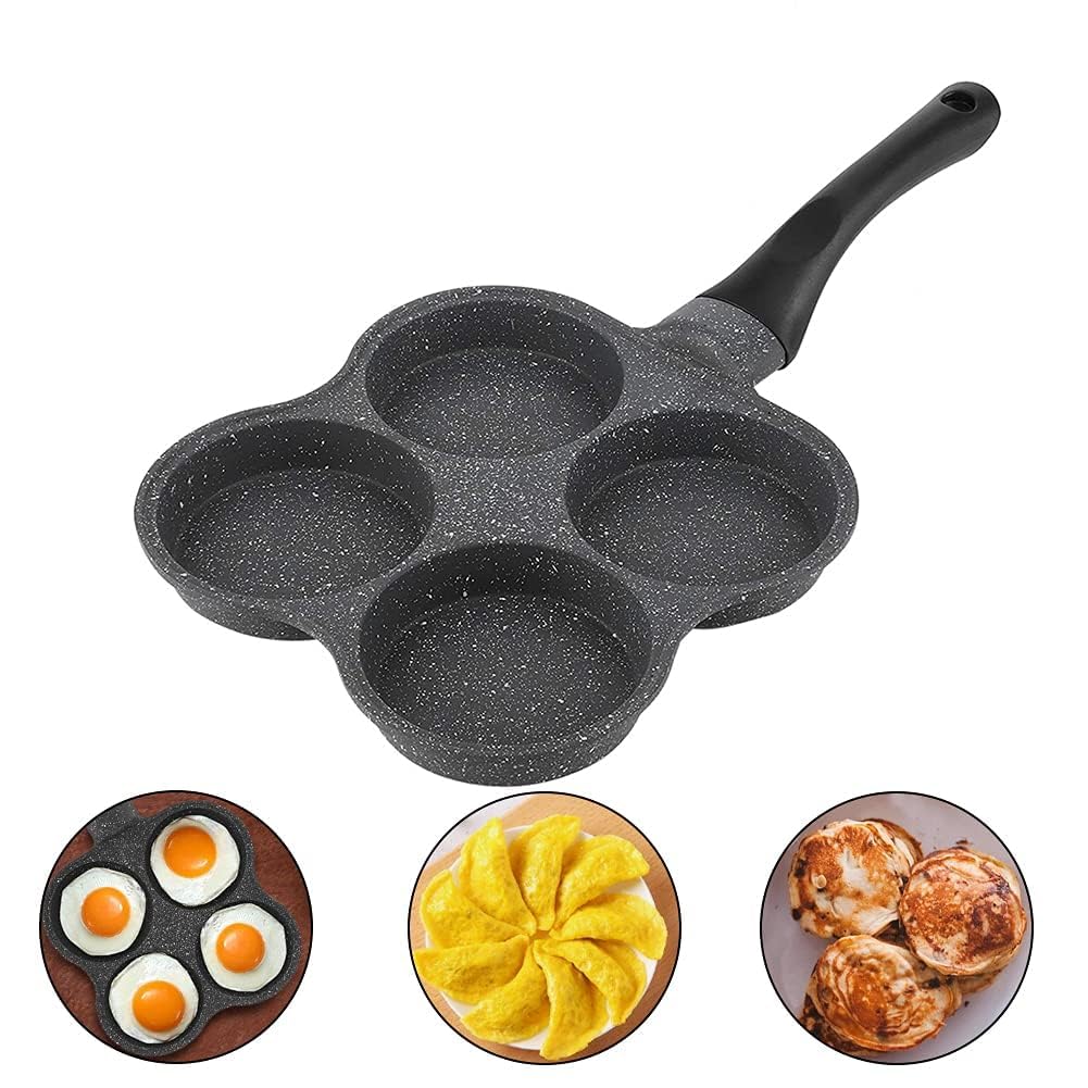 Nonstick 4-Hole Aluminum Egg Frying Pan - Perfect for Omelets, Pancakes & Burgers - Induction & Gas Stove Compatible - Ideal for Breakfast, Brunch & Quick Meals