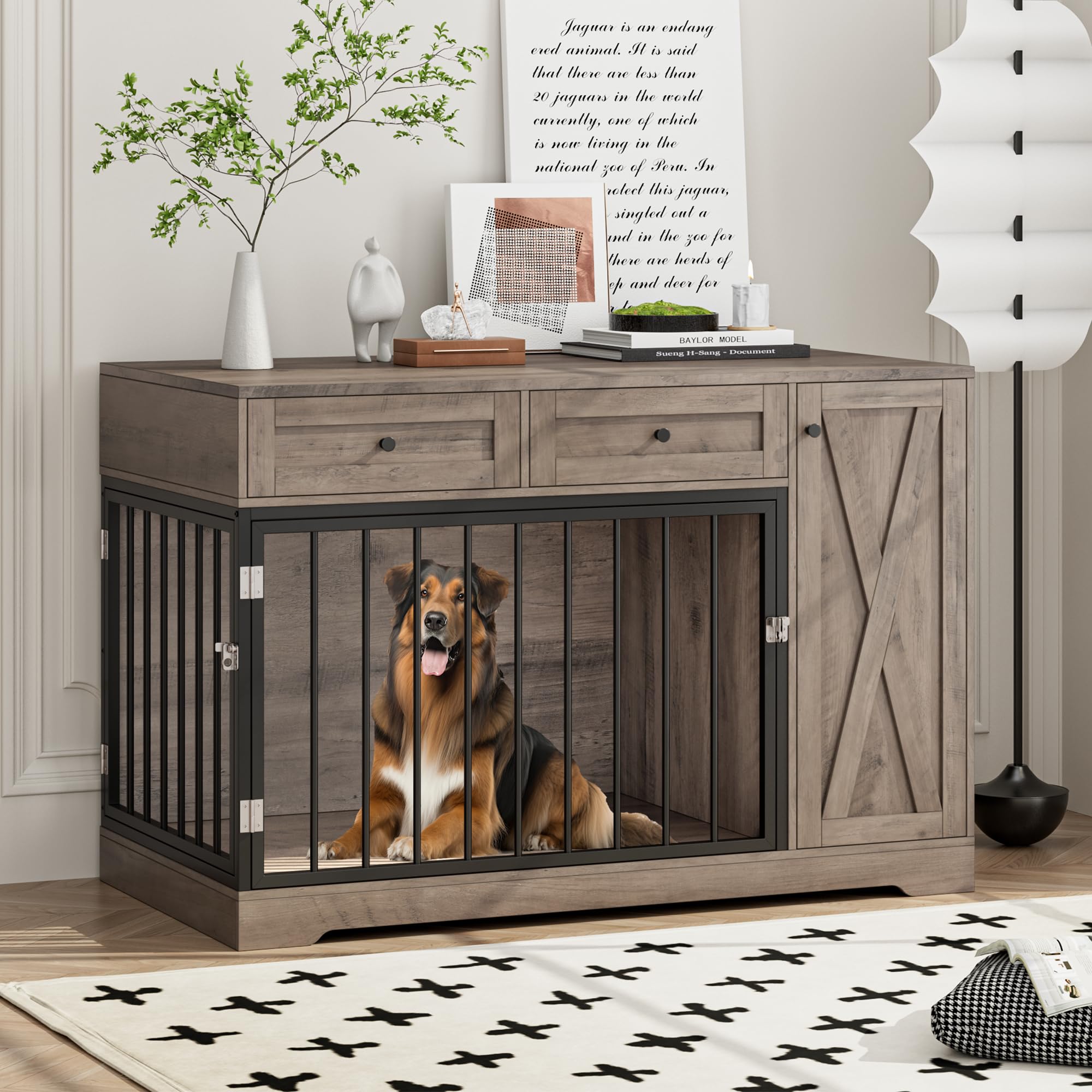 Wooden Dog Crate Furniture with Storage - Modern Pet House for Small Medium Dogs, Indoor Kennel & Side Table for Living Room