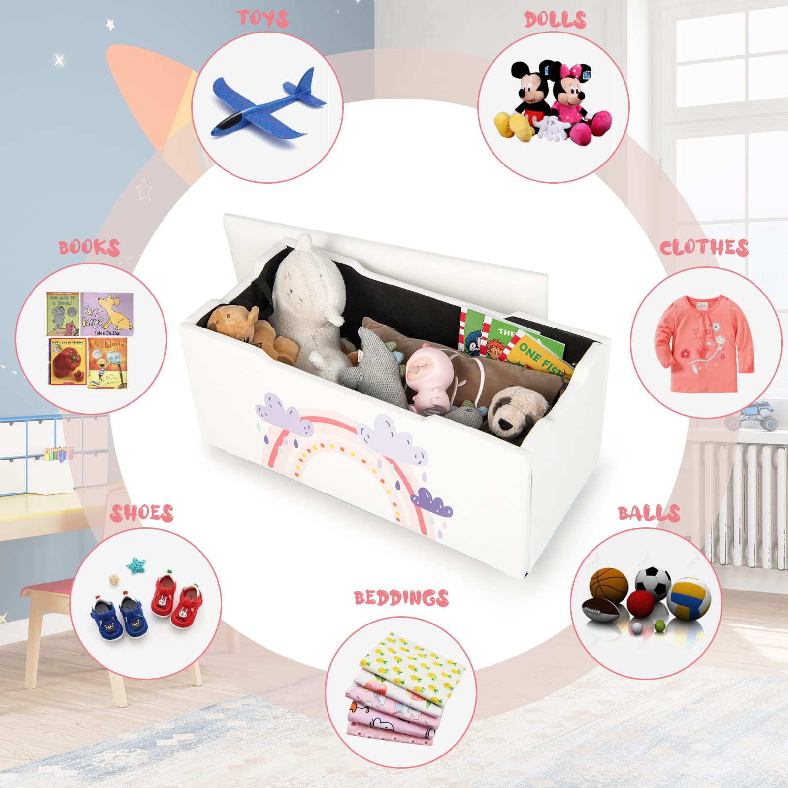 HONEY JOY 2-in-1 Kids Wooden Toy Storage Box with Padded Seat - Large Faux Leather Toy Chest Bench for Nursery, Bedroom & Playroom - Carry Handles for Easy Moving - Perfect for Organizing Toys, Books & Kids' Room Decor (Cloud Design)