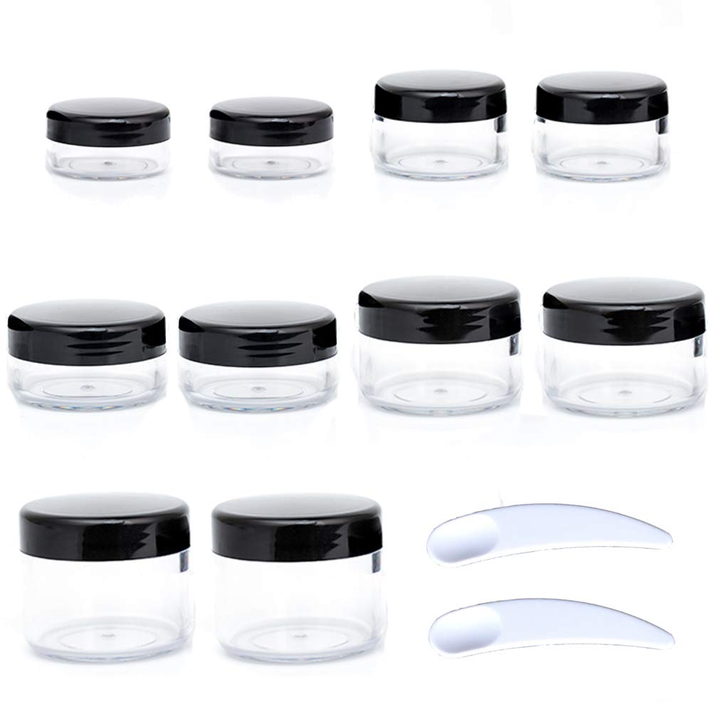 10pcs Small Travel Containers with Lids - Leakproof Sample Jars for Cosmetics, Creams & Toiletries | Includes 12pcs Labels & 2pcs Mini Spatulas | Perfect for Travel, Makeup Samples & DIY Beauty Products