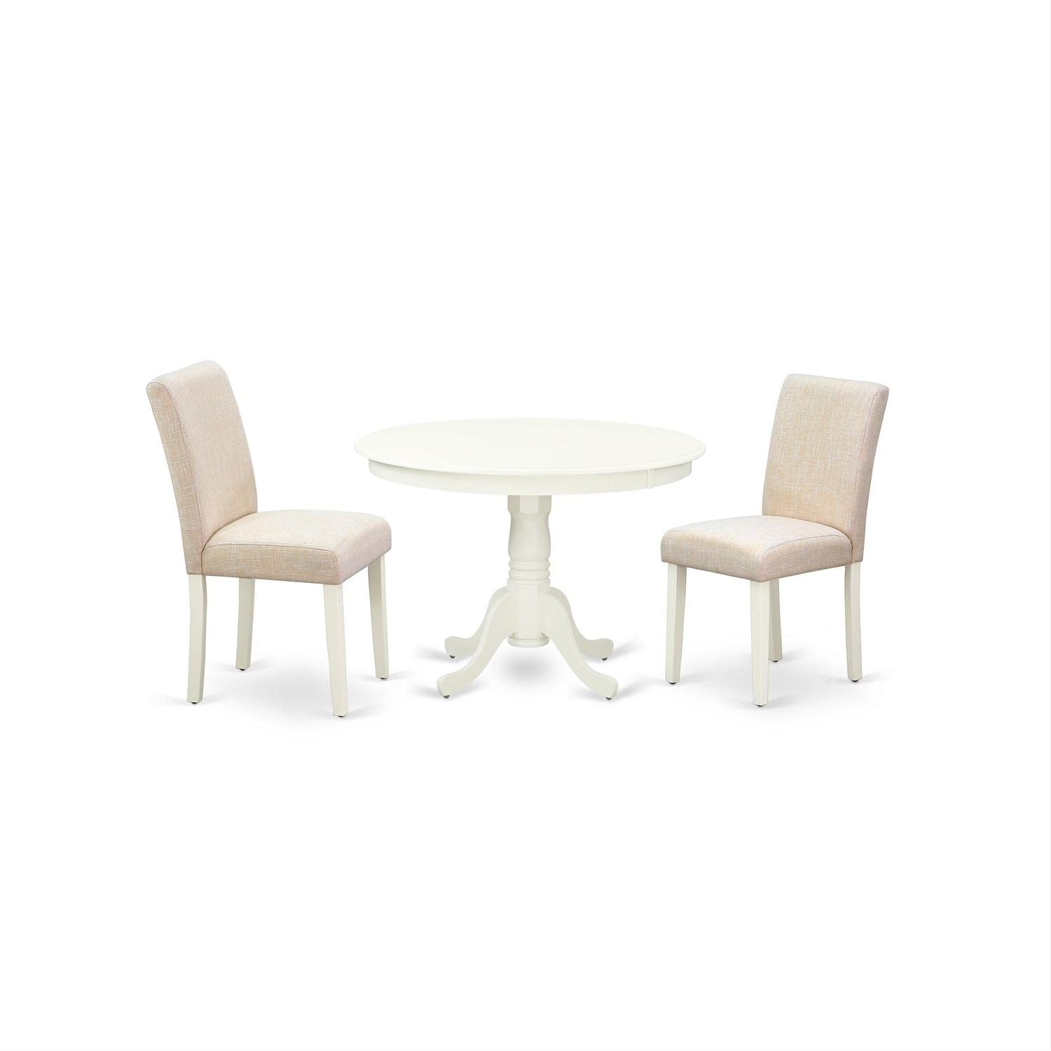 East West Furniture HLAB3-LWH-02 3-Piece Round Dining Set with Pedestal Table & 2 Light Beige Linen Upholstered Chairs, 42x42 Inch, Linen White - Perfect for Small Spaces, Breakfast Nooks & Cozy Apartments
