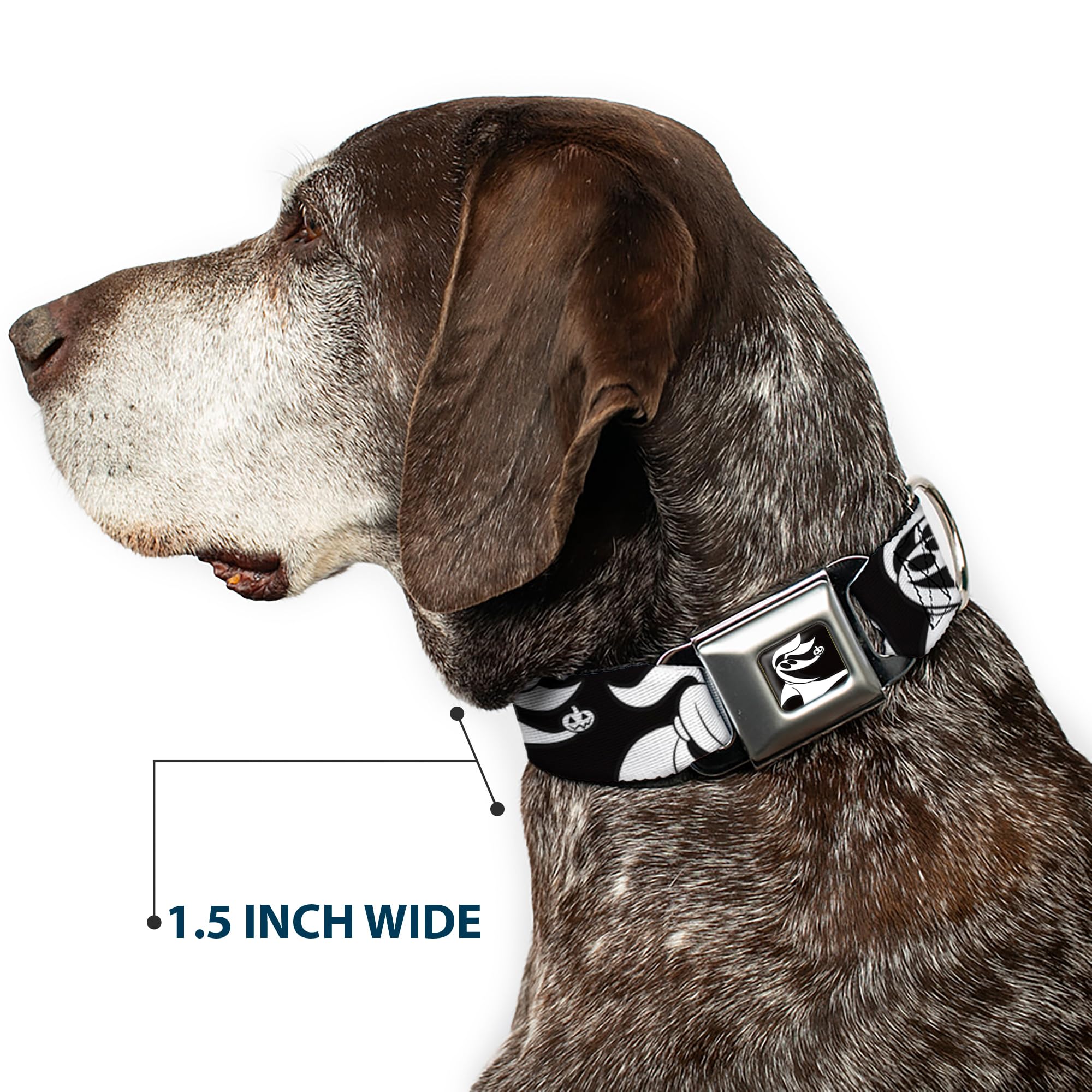 Nightmare Before Christmas Dog Collar - Zero Expressions Black & White Pet Safety Seatbelt Buckle, Adjustable 15-26 Inches, 1-Inch Wide for Small to Medium Dogs - Perfect for Car Travel & Halloween Costumes