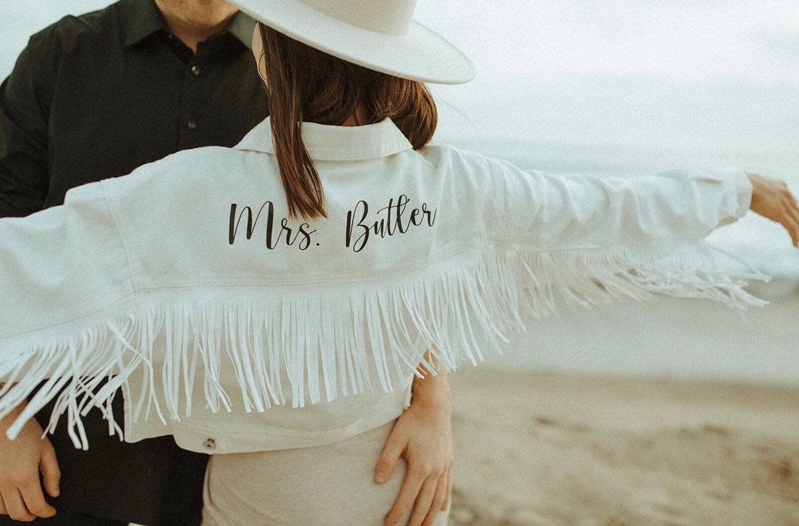 Personalized Cropped White Fringe Denim Jacket for Women - Custom Future Mrs Jean Jacket | Perfect for Bachelorette Parties, Country Concerts & Western Fashion