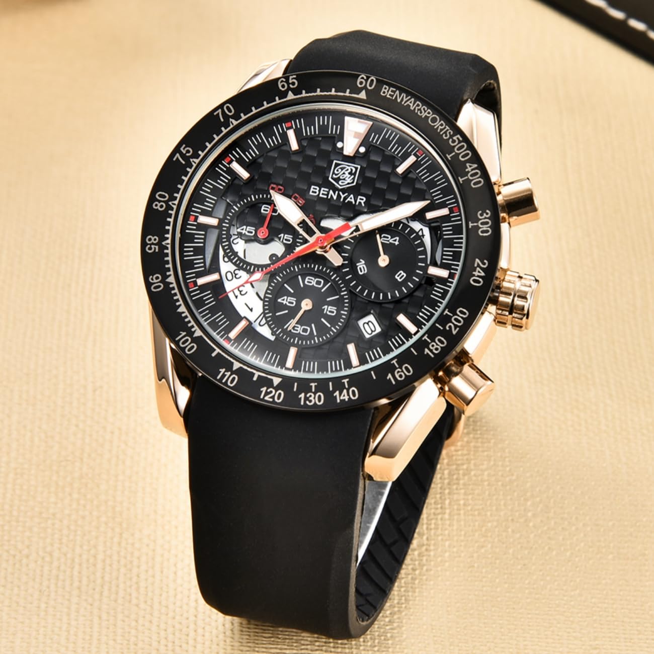 BY BENYAR Men's Sports Chronograph Watch - Stylish Analog Quartz Watch with Date Display, Waterproof 3ATM & Leather Strap - Perfect for Business, Casual & Outdoor Activities
