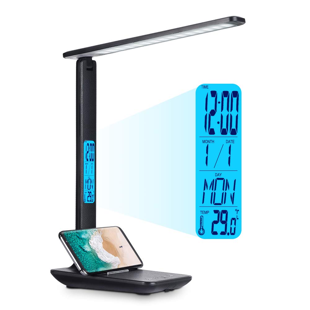 Smart LED Desk Lamp with Clock, Alarm, Date & Temperature Display - Adjustable Study Light for Reading, Home Office & Bedroom - 3 Lighting Modes, 5 Brightness Levels, Built-in Phone Holder - Perfect for Night Studying, Work from Home & Relaxing (Black)