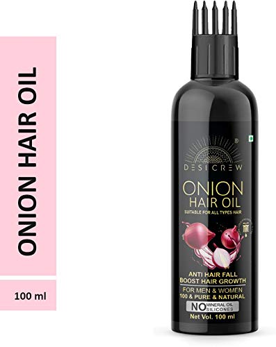 Desi Crew 100% Pure Cold Pressed Onion Hair Oil for Hair Growth & Hair Fall Control - No Mineral Oil & Silicones - With Comb Applicator - 100ml - Perfect for Daily Hair Care & Scalp Massage