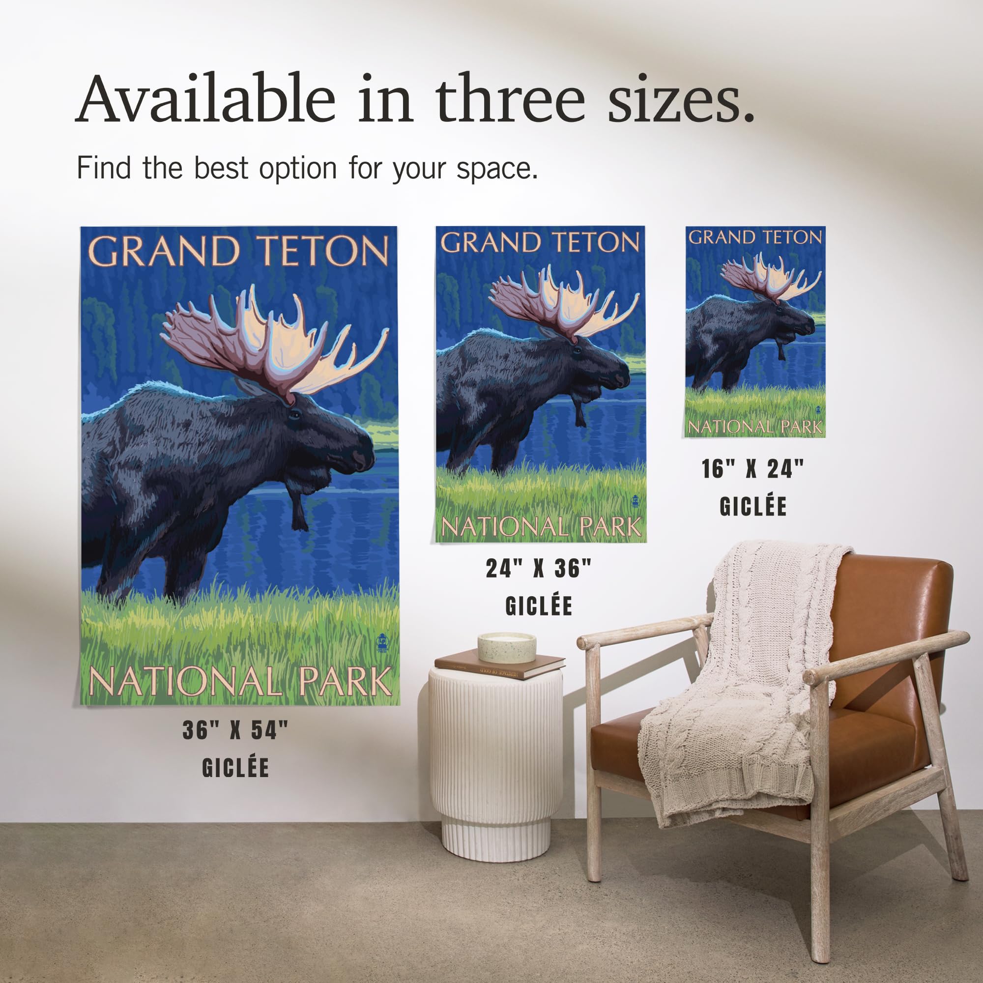 Lantern Press 16x24 Inch Giclee Art Print - Grand Teton National Park Landscape with Moose at Night - Premium Wall Decor for Living Room, Bedroom & Office