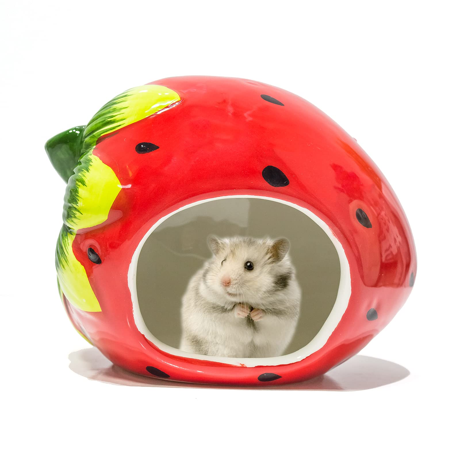 Besimple Ceramic Hamster Hideout - Small Animal Pet House for Hamsters, Chinchillas & Critters - Adorable Strawberry-Shaped Cage Cave & Bath House - Perfect for Playtime & Relaxation