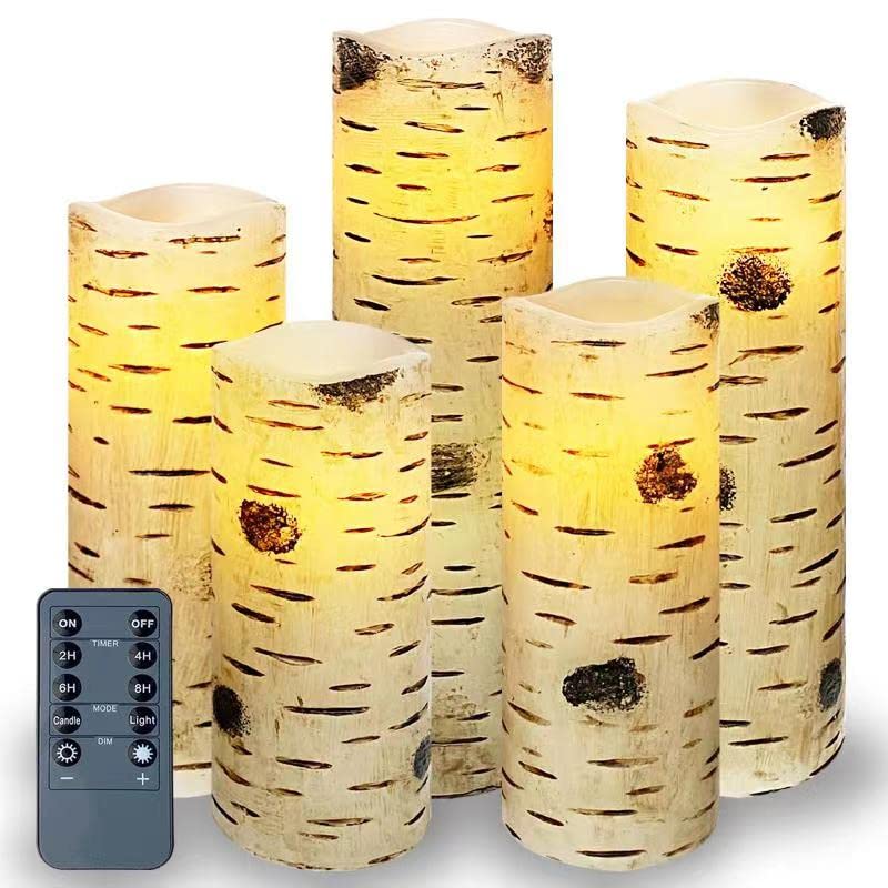Wyseka Real Wax Flameless LED Candles - Set of 5 Birch Bark with Remote Timer & Flickering Flame Effect | Battery Operated for Home Decor, Wedding Centerpieces & Romantic Ambiance