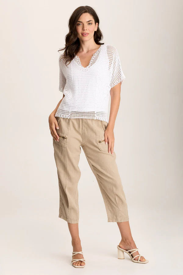 Crochet Lace Center Tee - Women's White Summer Top for Casual Wear & Beach Outfits