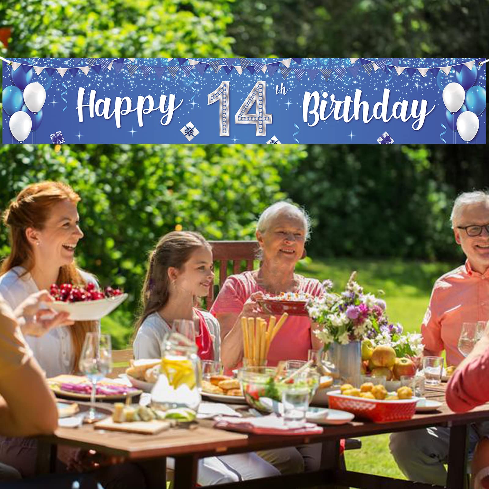 14th Birthday Party Decorations - Happy Birthday Banner, Balloons, Crystal Glittery Stars & Confetti Set for Boys & Girls | Silver & Blue Theme Backdrop | Perfect for 14th Birthday Celebrations, Milestone Parties & Teen Decor