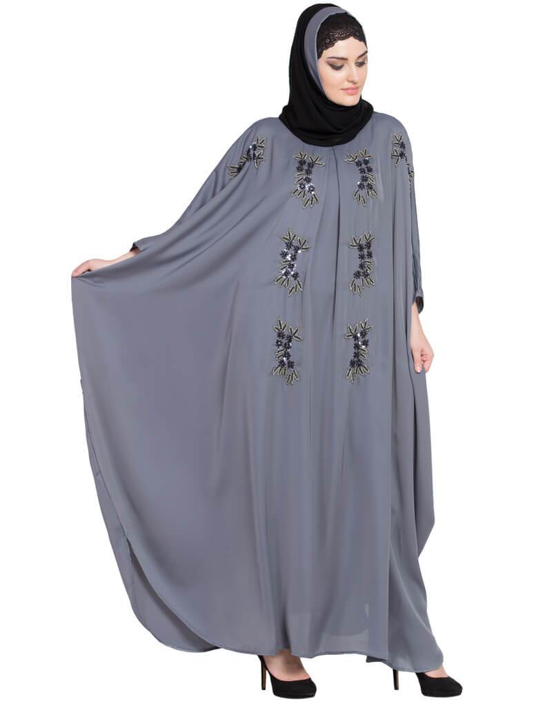 Elegant Arabic Thread Embroidered Nida Kaftan Dress - Grey | Traditional Islamic Abaya for Women | Perfect for Eid, Wedding & Special Occasions