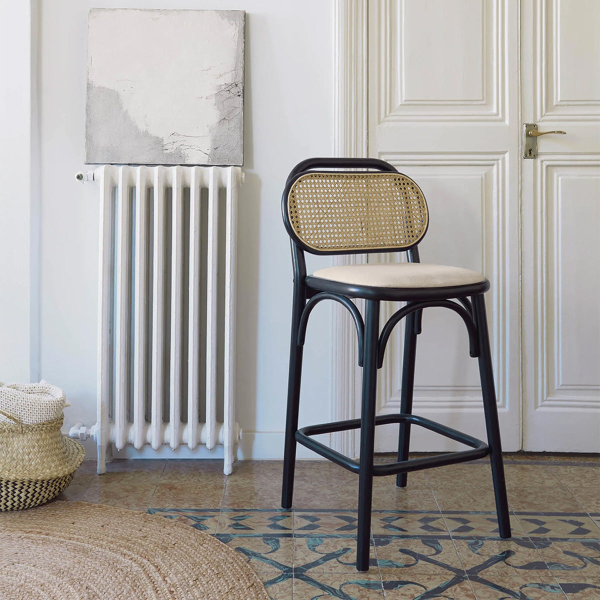 Doriane Rattan Bar Stool - 26 Inch Height, Natural Woven Rattan Barstool with Cushion, Counter Height Stool for Kitchen Island, Breakfast Nook, or Outdoor Patio Bar