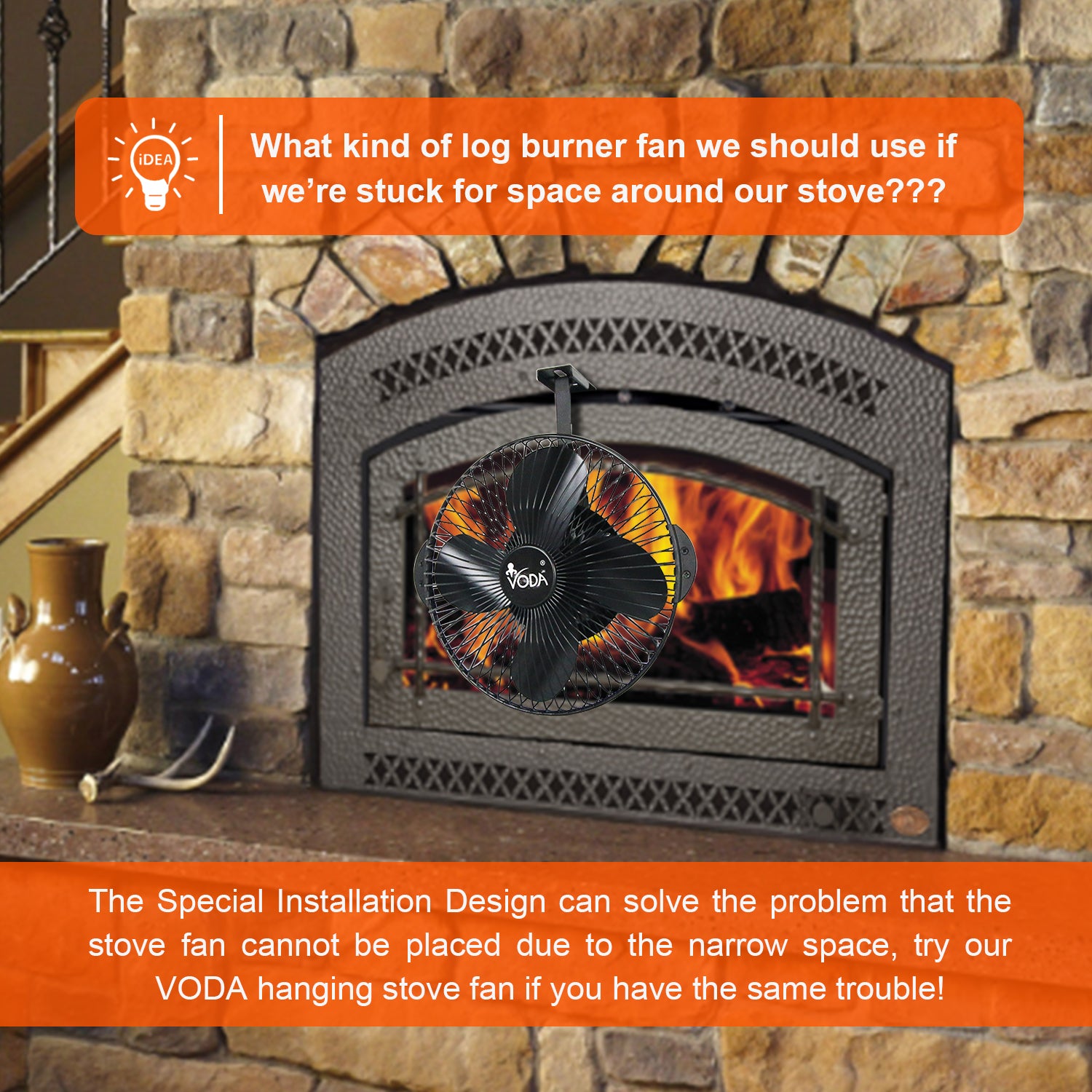 VODA Hanging Wood Stove Fan with Protective Shell - Efficient Heat Distribution for Fireplace, Cabin, and Camping Use