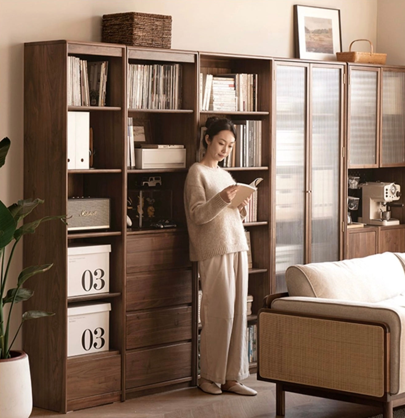 Solid Black Walnut Wood Bookcase with Glass Doors - Stylish Display & Storage Cabinet for Living Room, Office, or Library