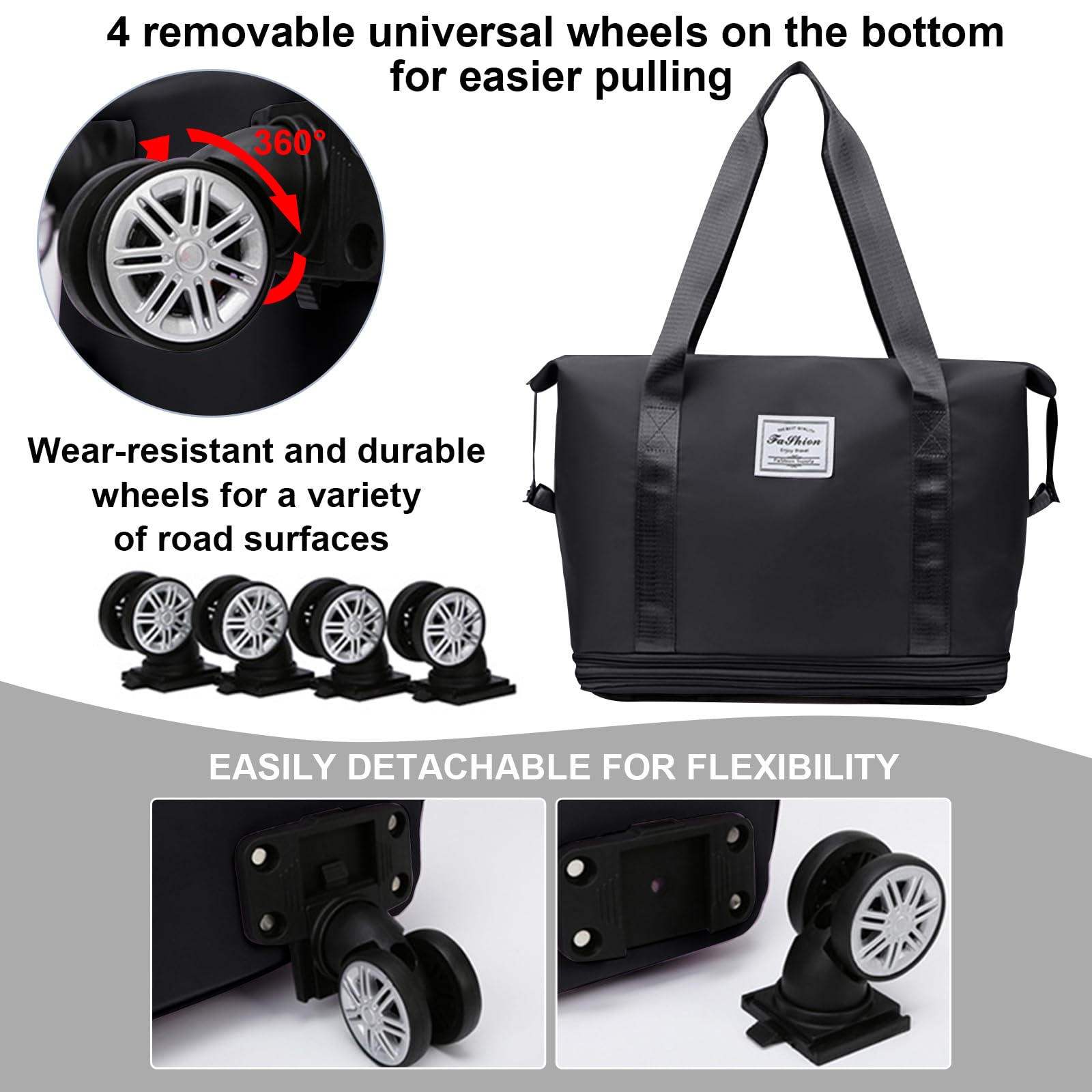 Foldable & Expandable Travel Duffel Bag with Detachable Wheels - Large Carry-On Luggage for Gym, Camping, Business Trips - Black | Perfect for Air Travel, Weekend Getaways & Sports Equipment Storage