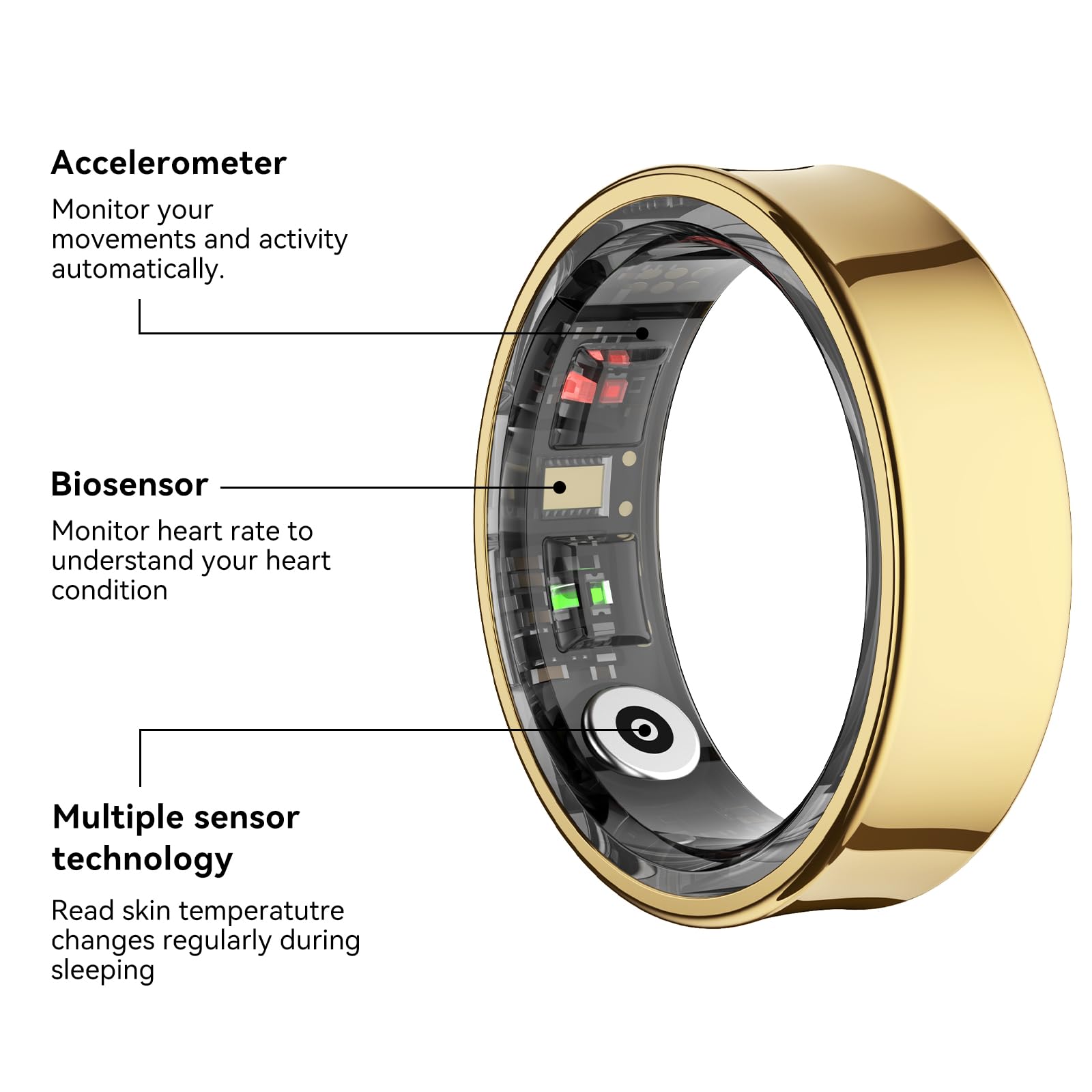 Smart Ring Health Tracker - No Subscription, Long Battery Life, Sleep & Fitness Monitor, Heart Rate & Activity Tracking, Compatible with iOS & Android (Gold, Size 12) | Perfect for Fitness Enthusiasts & Sleep Monitoring