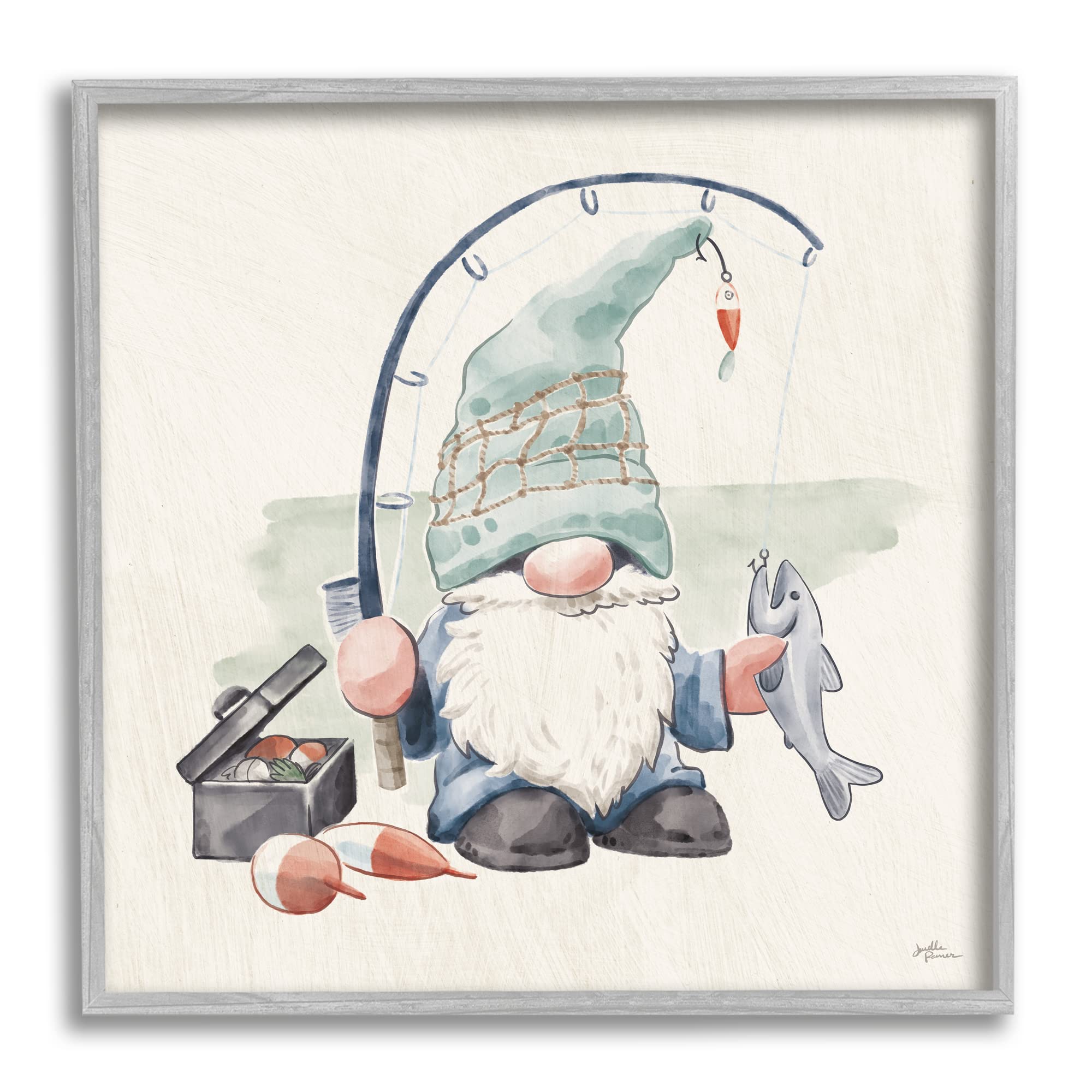 Stupell Industries Gnome Fishing Pole Watercolor Art Print - Summer Beach Theme Wall Decor by Janelle Penner - Perfect for Bathroom, Nursery, or Coastal Living Room Decor