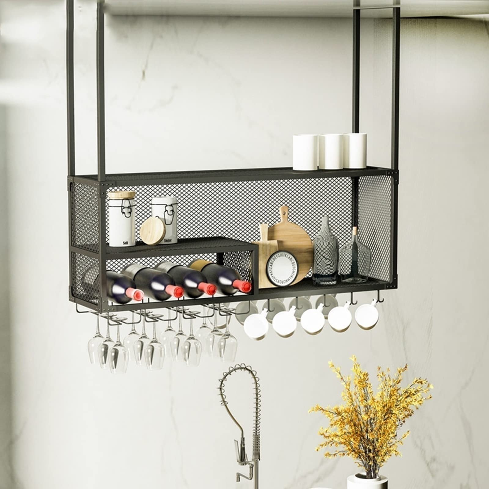 Premium Metal Hanging Wine Rack Cabinet - Wall Mounted Wine Glass Holder & Floating Shelf for Kitchen, Bar, Restaurant - DIY Storage Solution for Wine Bottles, Glasses & Books - Perfect for Home Bars, Dining Rooms & Commercial Spaces