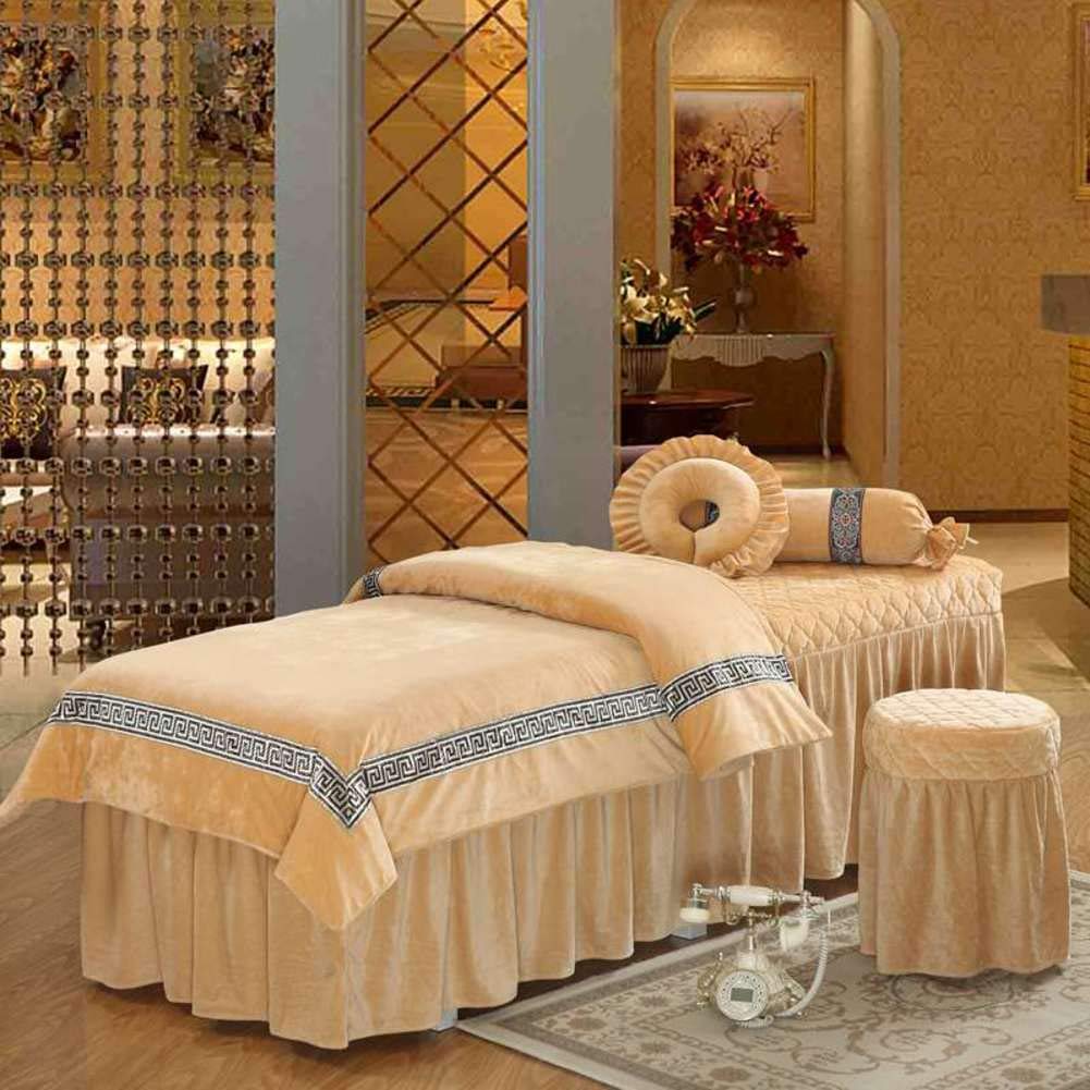 Luxury European Style Velvet Massage Table Sheet Set - 4-Piece Spa Bed Cover with Face Rest Hole (60x180cm/24x71inch, Khaki) | Professional Massage Therapy, Facial Treatment & Relaxation at Home Spa