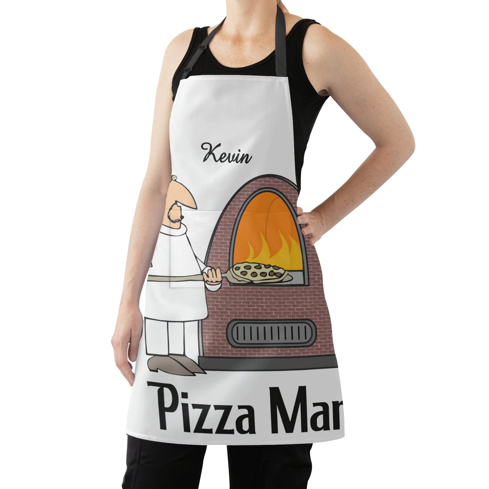 MakeUnique Personalized Pizza Chef Cartoon Apron for Women & Men - Kitchen Cooking Baking Housework Hairstylist Barber Chef Apron with Pockets (27.56x31.5 Inch) - Perfect for Home Cooking, BBQ Parties & Professional Kitchen Use