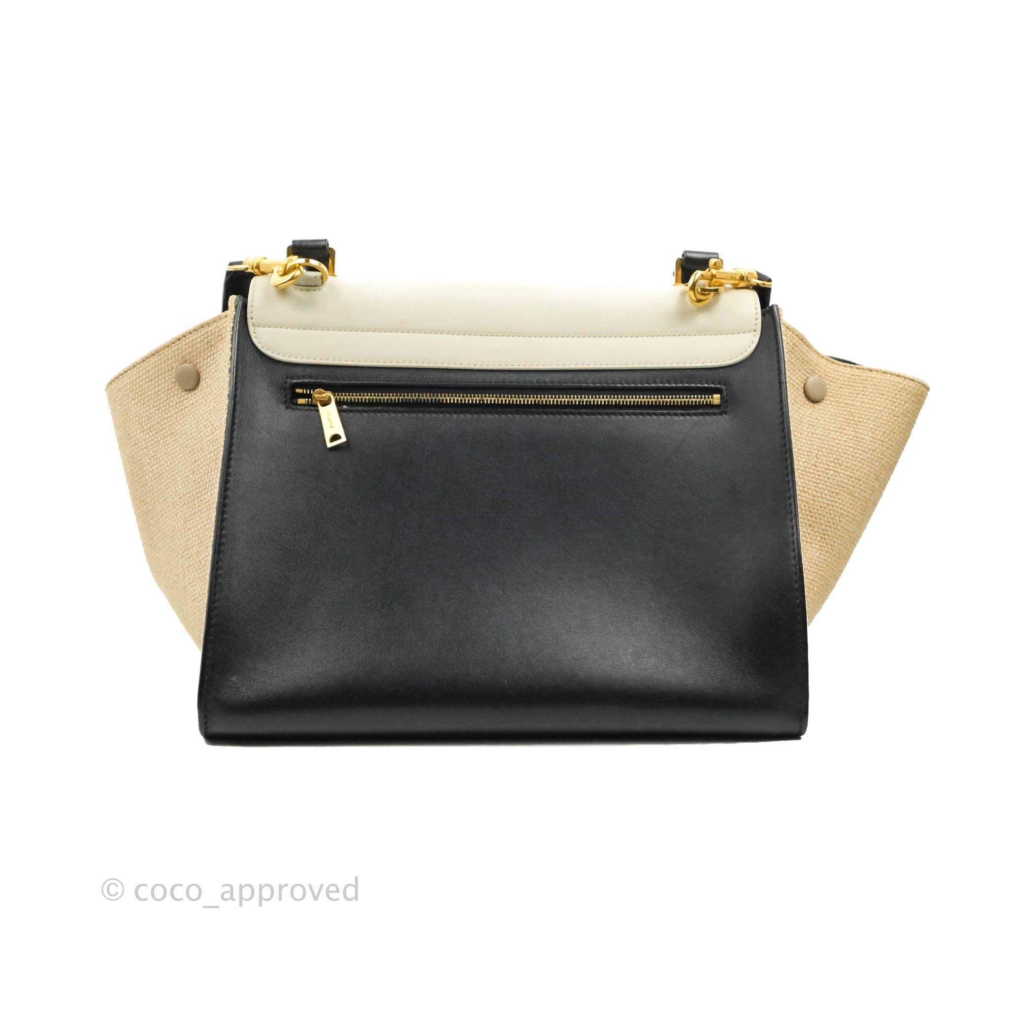 Celine Small Sleek Calfskin Tri-Color Trapeze Bag in Ivory, Black & Raffia - Perfect for Work, Travel & Everyday Elegance