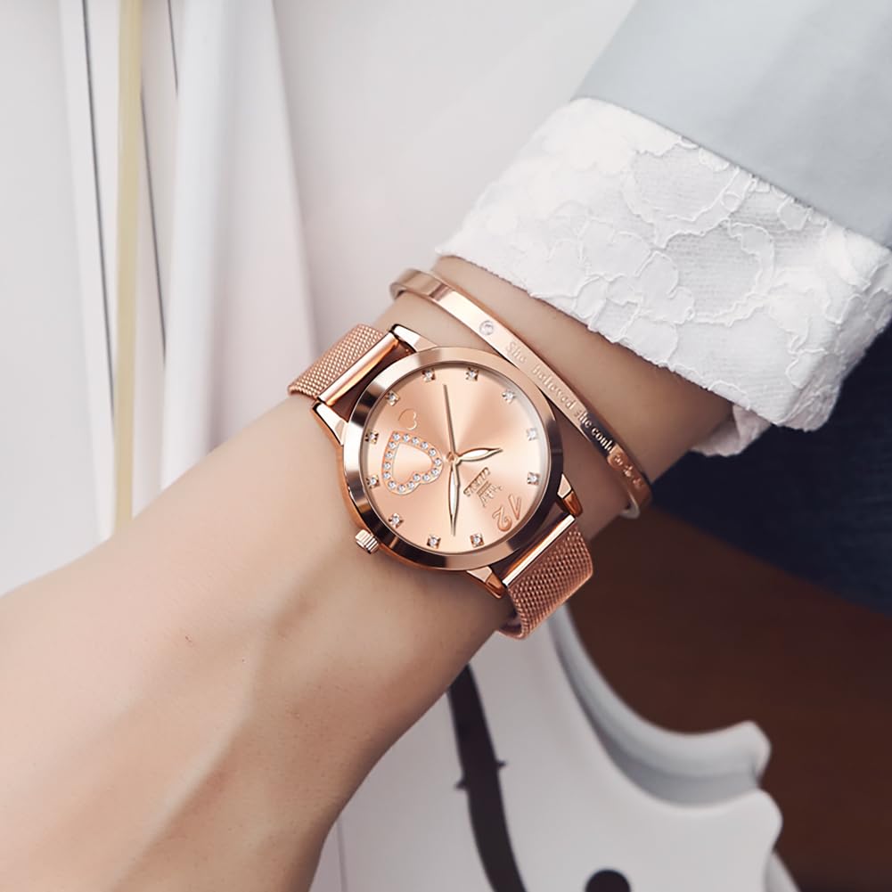 OLEVS Women's Rose Gold Minimalist Analog Quartz Watch with Bracelet Set - Slim Casual Dress Wristwatch, Waterproof Two-Tone for Ladies - Perfect for Everyday Wear, Office, and Special Occasions