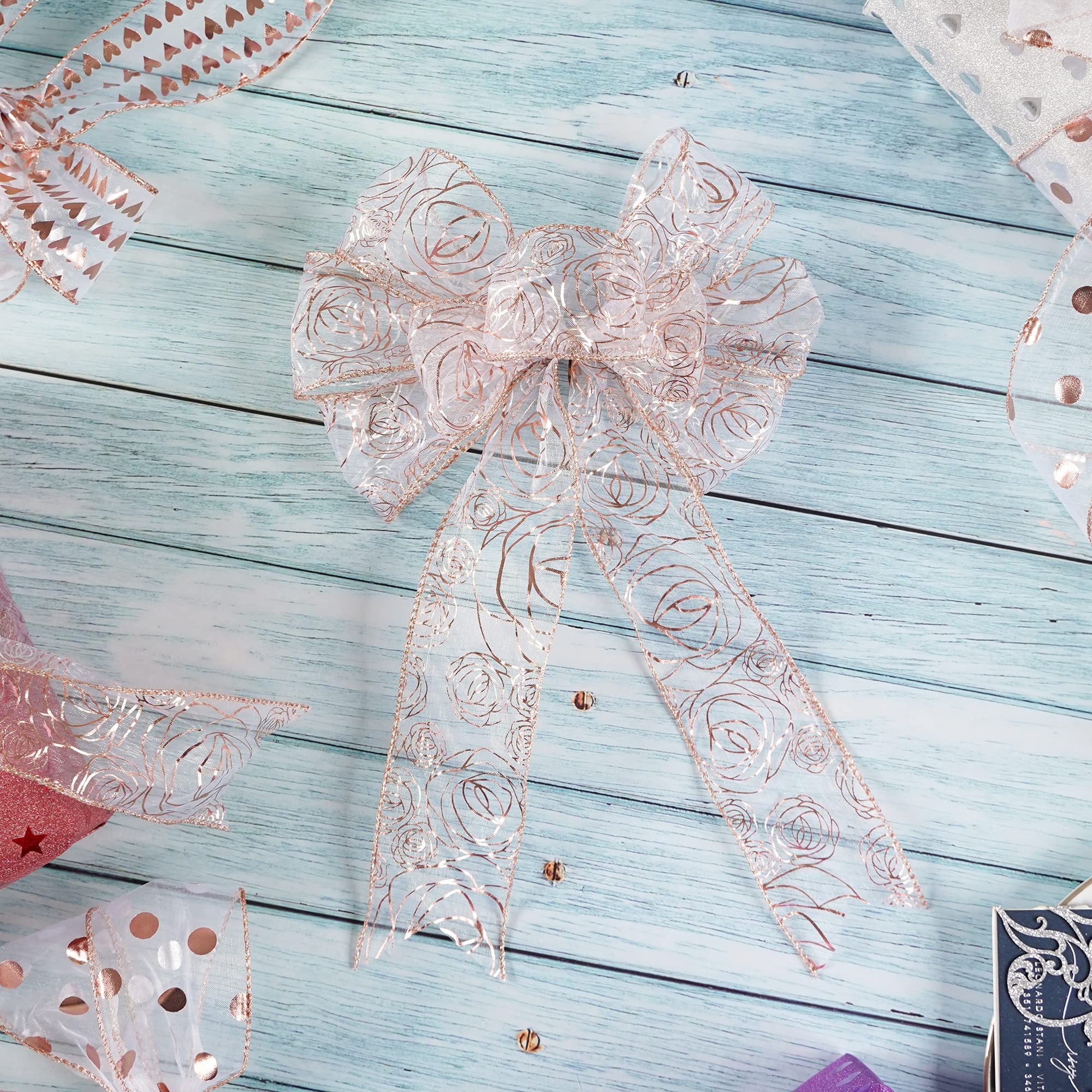 MEEDEE Floral Rose Wired 2.5 Inch Rose Gold Organza Sheer Ribbon - 25 Yards Roll for Wedding Bouquets, Crafts, Valentine Bow Making, Gift Wrapping & Home Decor (Pink) - Perfect for DIY Projects, Party Decorations & Bridal Accessories