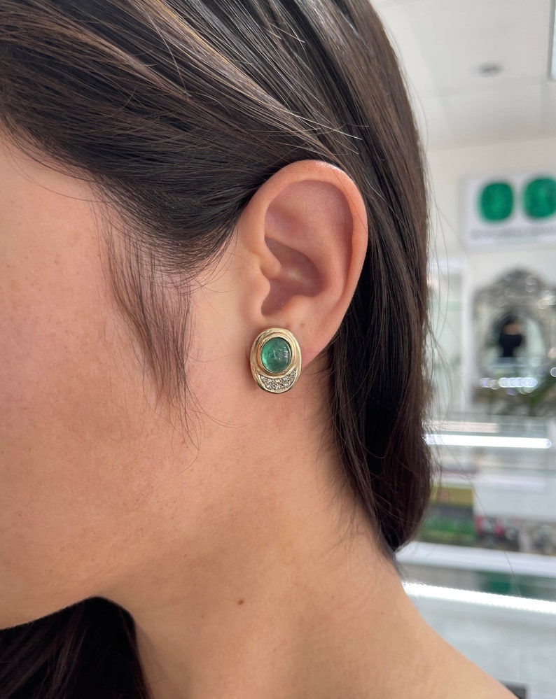 10.14tcw 14K Yellow Gold Emerald Cabochon & Diamond Accent Clip-On Earrings for Women | Luxury Wedding, Party & Evening Wear Jewelry Gift