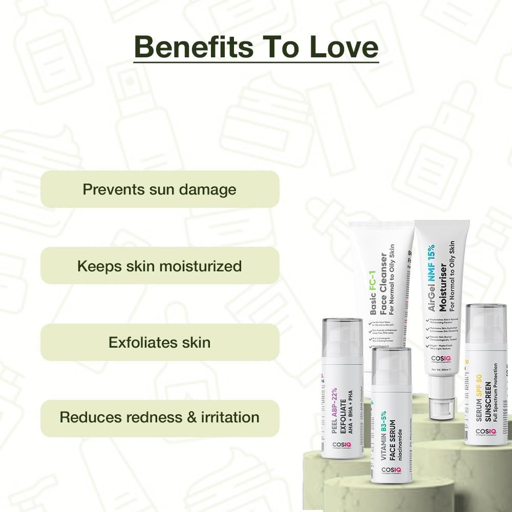 Cos-IQ Complete Skincare Kit for Oily Skin - SPF 50 Sunscreen, ABP 22% Exfoliating Peel, Niacinamide Serum, AirGel Moisturizer & FC-1 Face Wash | Oil Control, Acne Treatment & Daily Sun Protection | Perfect for Combination to Oily Skin Types
