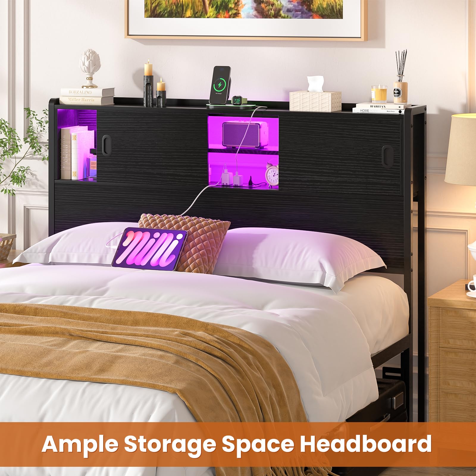 Homieasy Full Size Headboard with Storage - Sturdy Bookcase Design with Outlet, USB Ports & LED Lighting - Sliding Door Storage & Bed Adapter - Perfect for Small Bedrooms & Studio Apartments (Black)