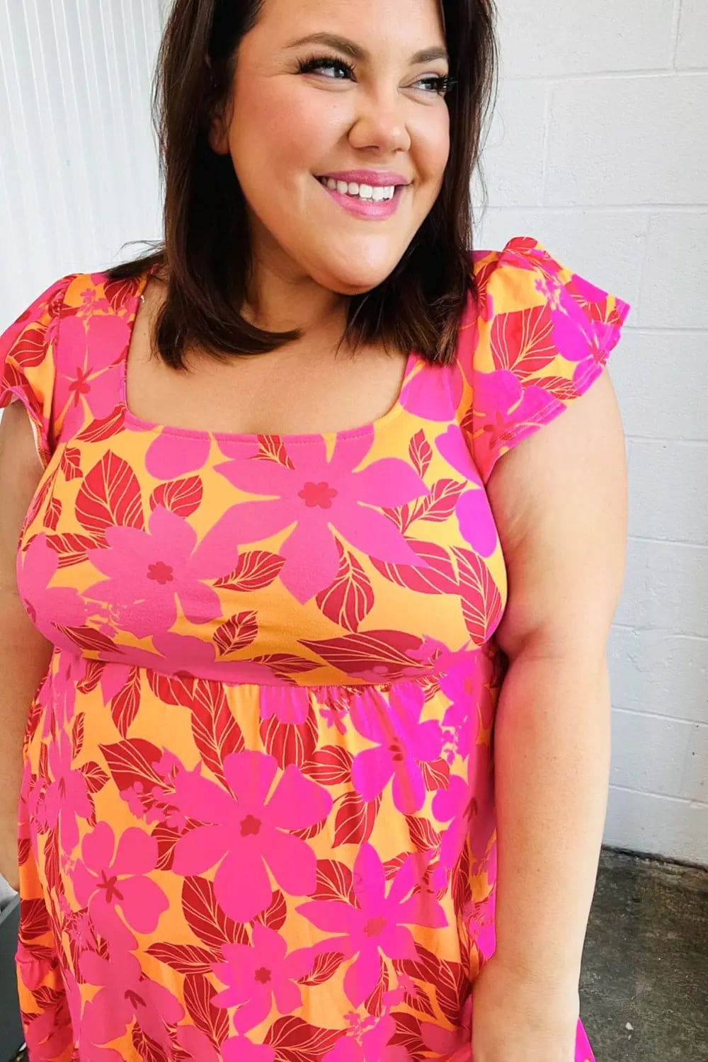 Fuchsia & Orange Tropical Floral Square Neck Summer Dress for Women - Beach Vacation, Party & Casual Outfit